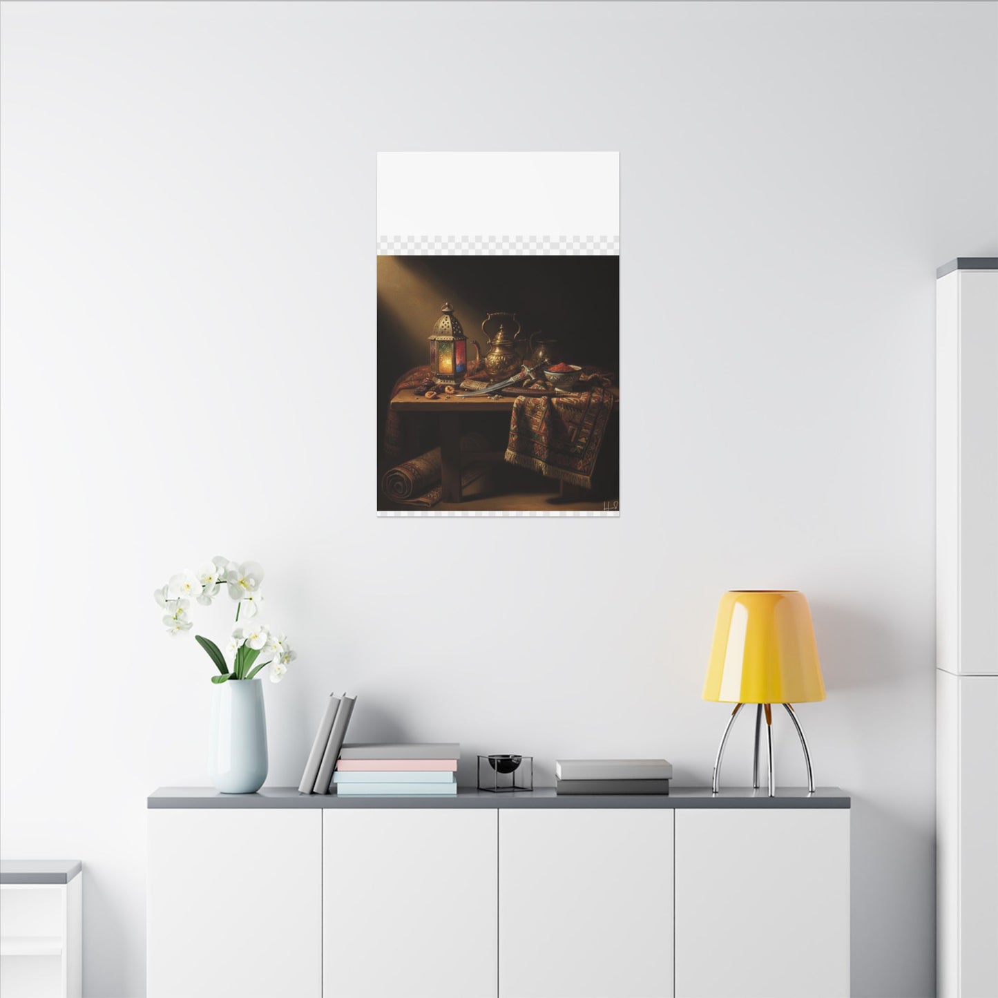 Oriental Still Life Canvas — Vintage Brass Teapot & Lantern Wall Art