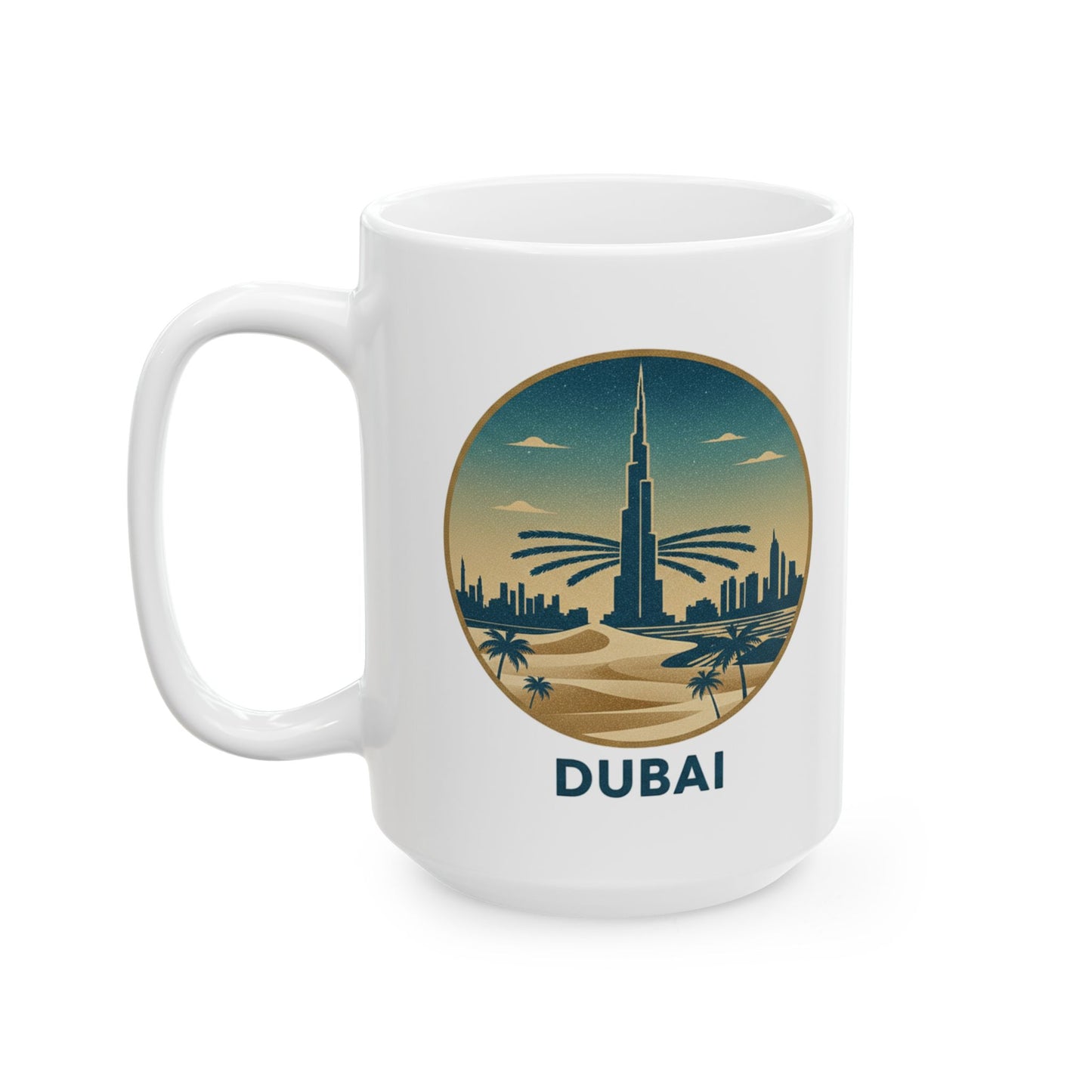 Mug en céramique avec panorama de Dubaï – Tasse à café Palmier du désert et Burj Khalifa (325 ml/445 ml)