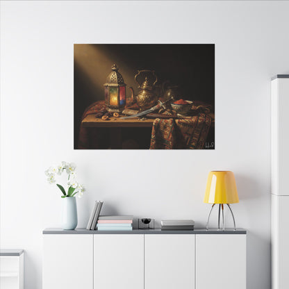 Oriental Still Life Canvas — Vintage Brass Teapot & Lantern Wall Art