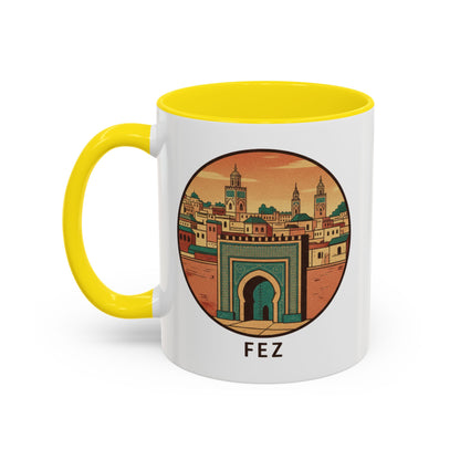 Mug à café Fez Landmark Accent — Souvenir de voyage représentant un paysage urbain marocain (11/15 oz)
