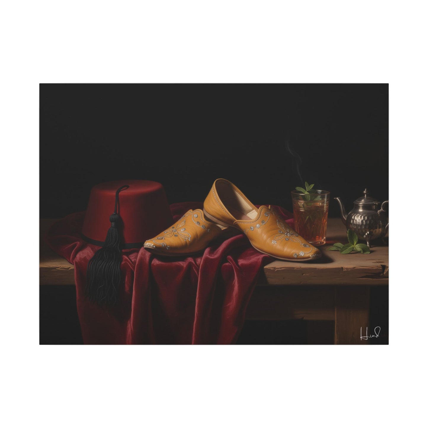 Nature morte sur toile — Chaussures en cuir et fez, décoration murale