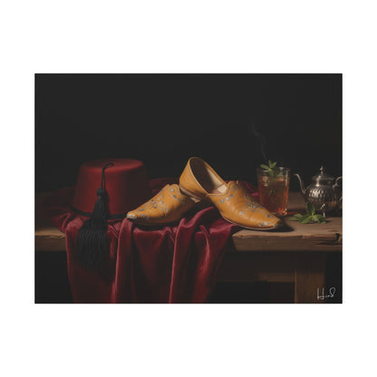 Nature morte sur toile — Chaussures en cuir et fez, décoration murale
