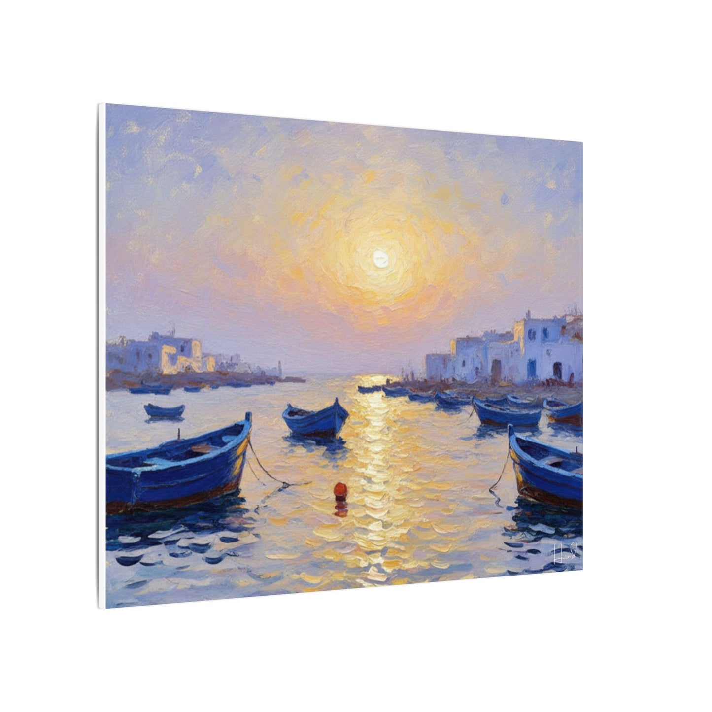 Seaside Sunset Canvas Print — Boats on Tranquil Harbor Wall Art