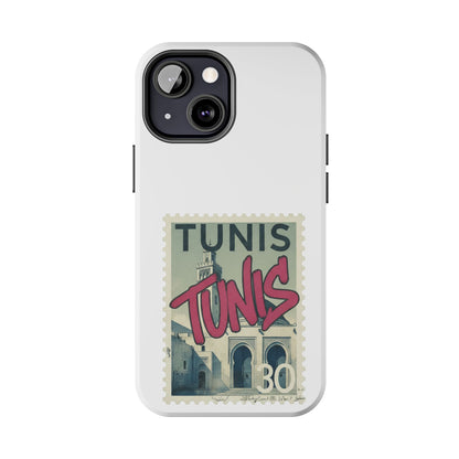 Coque de téléphone résistante à motif timbre vintage de Tunis — Étui de téléphone rétro pour voyage en Tunisie