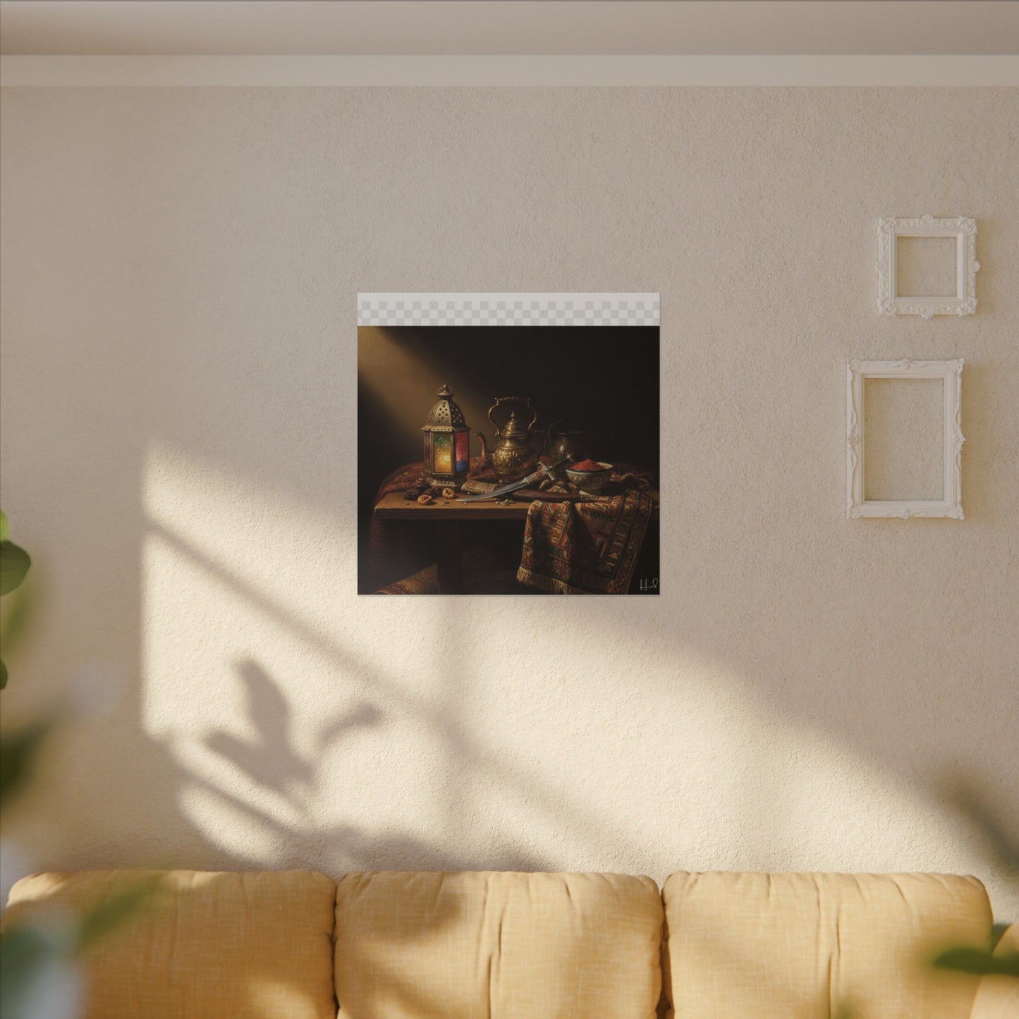 Oriental Still Life Canvas — Vintage Brass Teapot & Lantern Wall Art