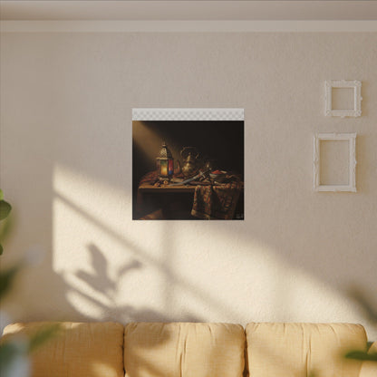 Oriental Still Life Canvas — Vintage Brass Teapot & Lantern Wall Art