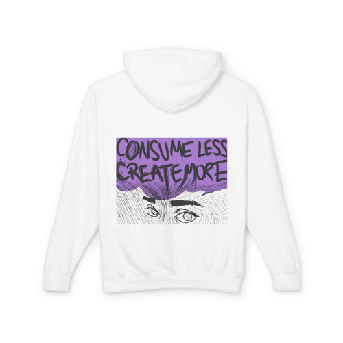 Hoodie — "Consume Less Create More" Art Print Lightweight Pullover