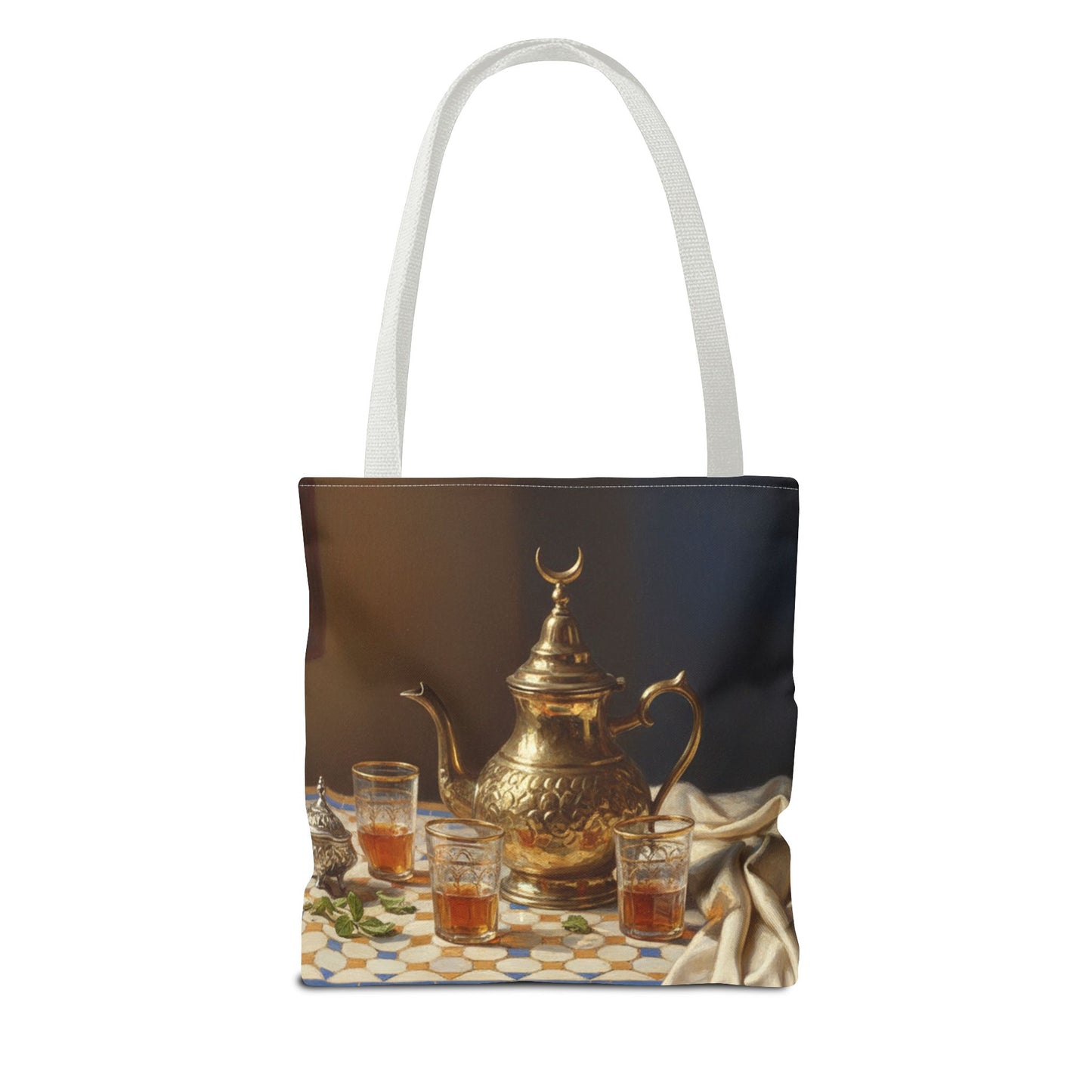 Moroccan Tea Set Tote Bag — Brass Teapot & Glasses AOP Tote