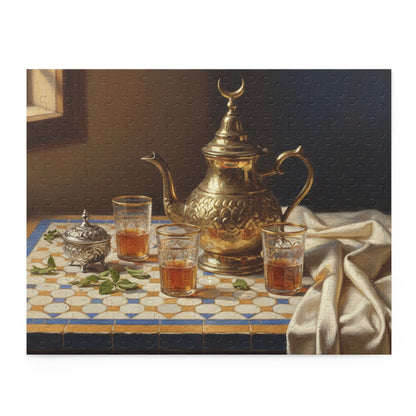 Moroccan Tea Set Jigsaw Puzzle — Vintage Brass Teapot & Glasses (120/252/500 pcs)