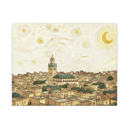 Moroccan Cityscape Canvas Print — Starry Night-Inspired Mosque Wall Art