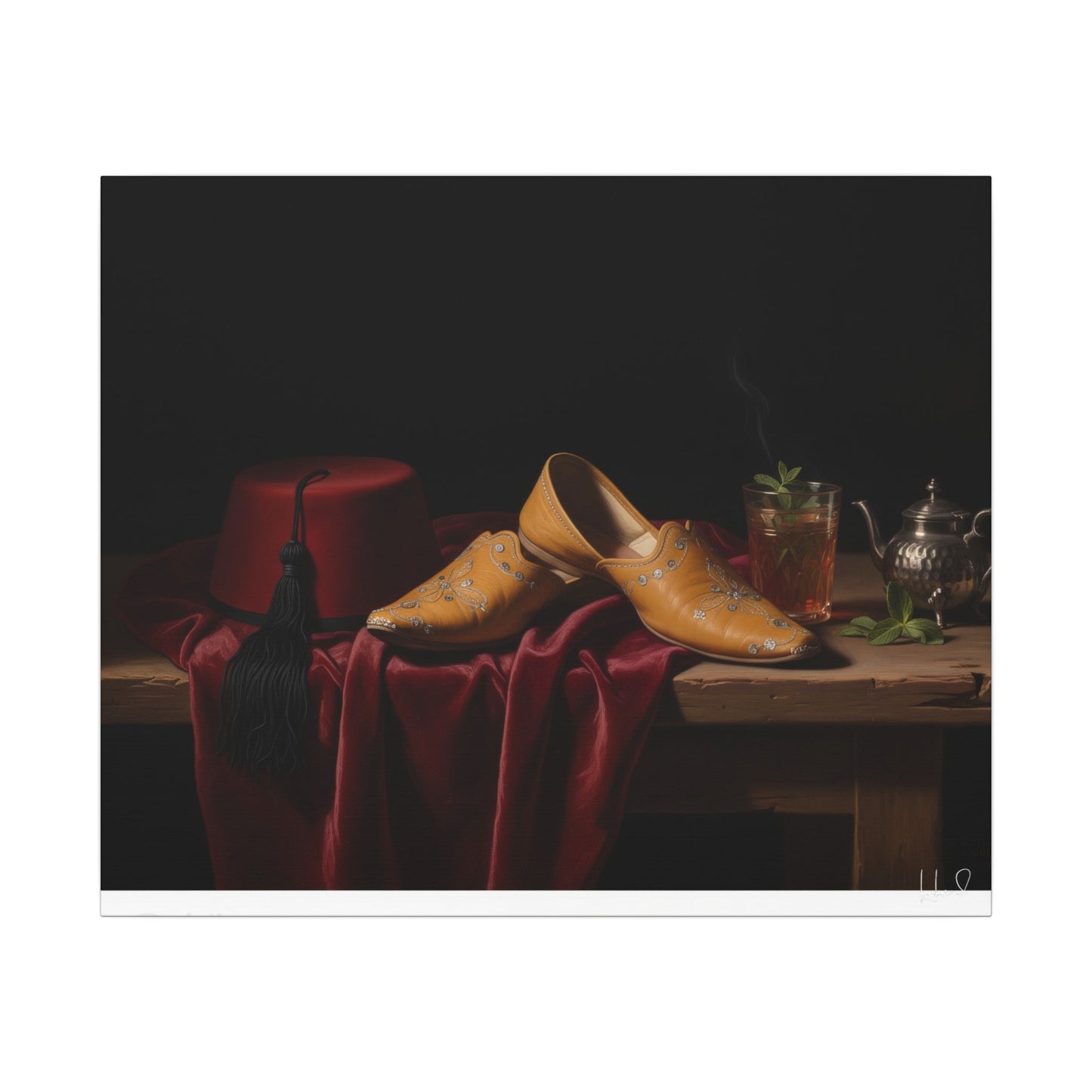 Nature morte sur toile — Chaussures en cuir et fez, décoration murale