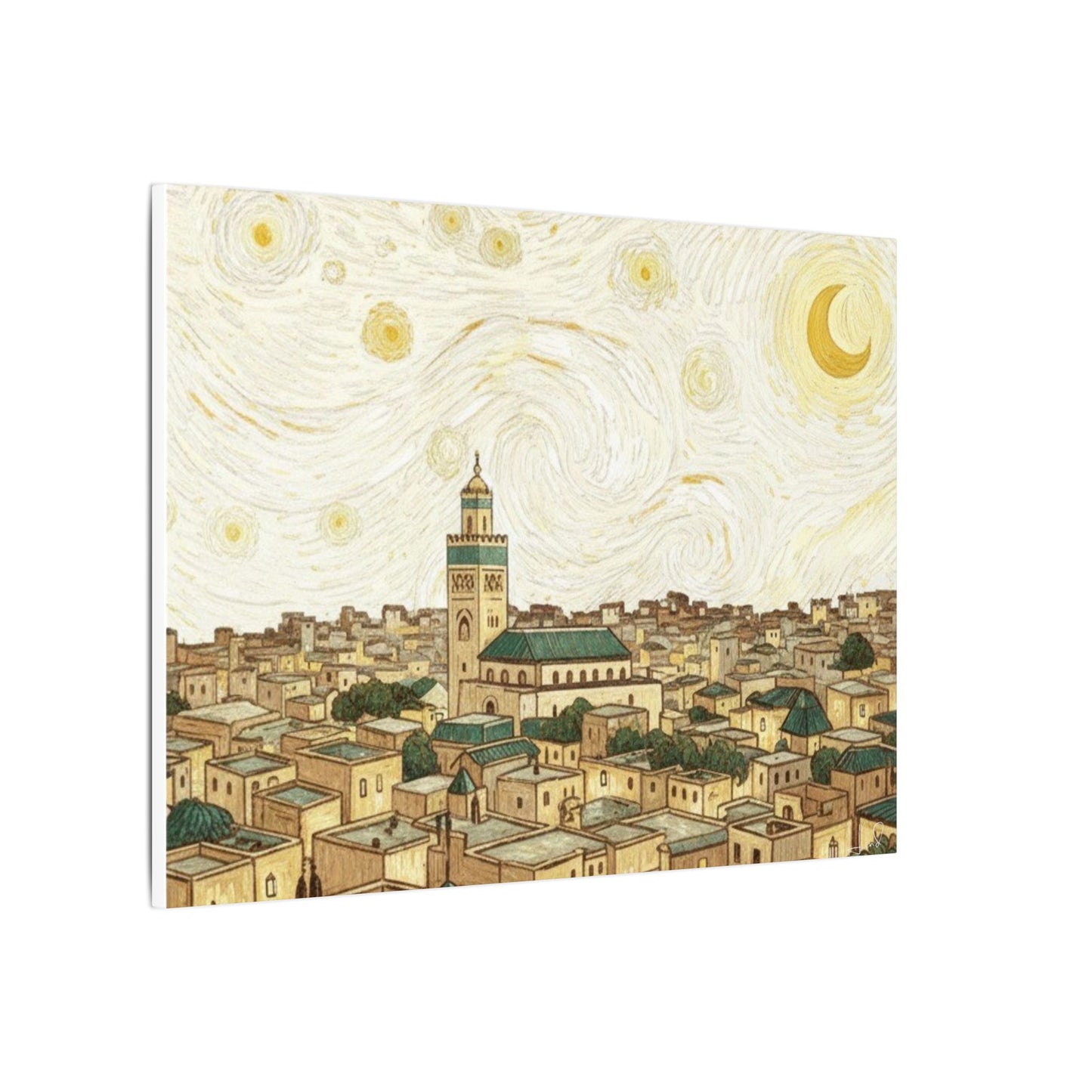 Moroccan Cityscape Canvas Print — Starry Night-Inspired Mosque Wall Art