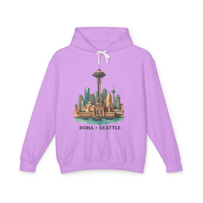 Doha x Seattle Skyline Hoodie — Retro Cityscape Pullover