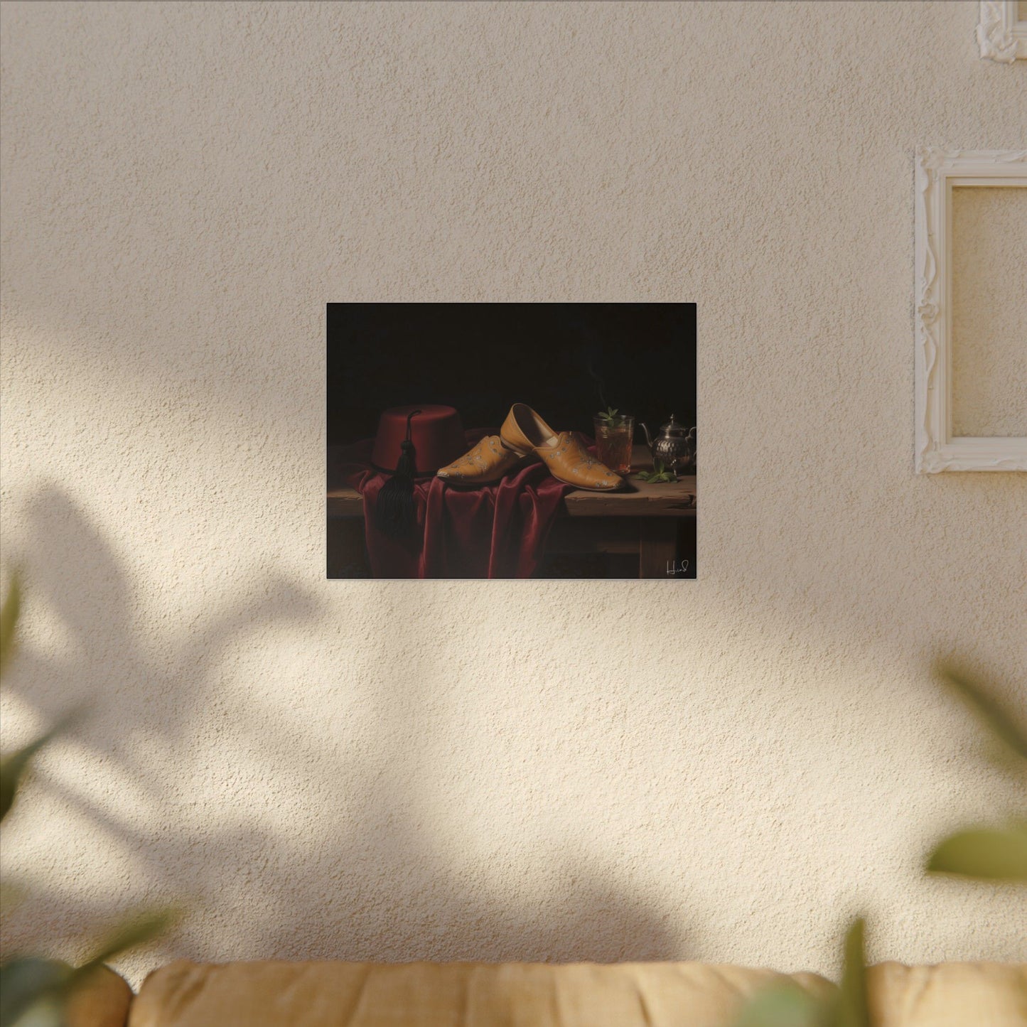 Nature morte sur toile — Chaussures en cuir et fez, décoration murale