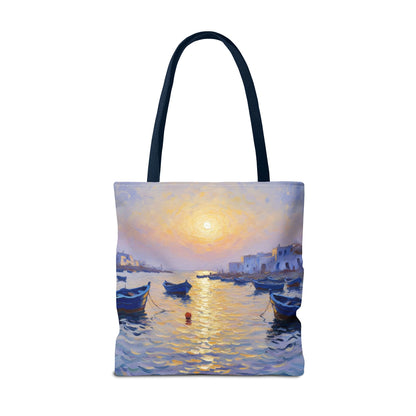 Sunset Harbor Tote Bag - Seaside Boats Art Print