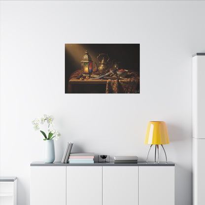 Oriental Still Life Canvas — Vintage Brass Teapot & Lantern Wall Art