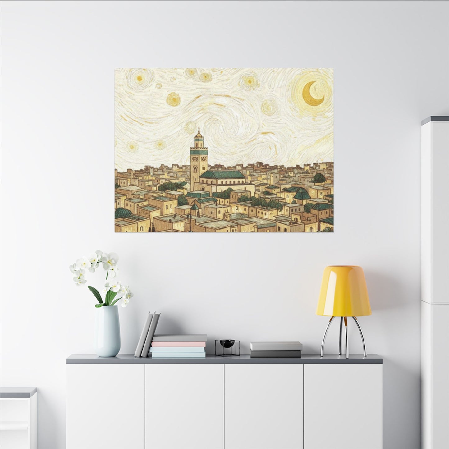 Moroccan Cityscape Canvas Print — Starry Night-Inspired Mosque Wall Art