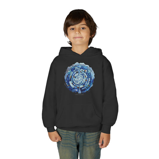 Youth Hoodie — Blue Geometric Mandala Graphic