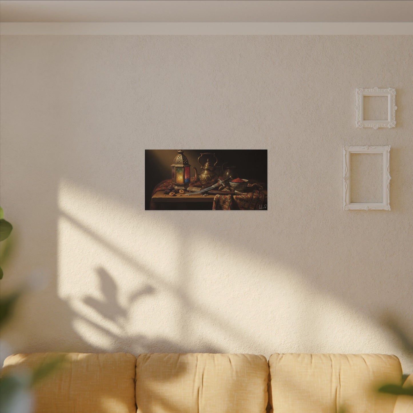 Oriental Still Life Canvas — Vintage Brass Teapot & Lantern Wall Art