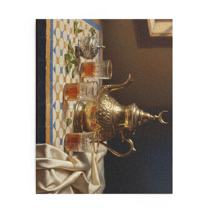 Moroccan Tea Set Jigsaw Puzzle — Vintage Brass Teapot & Glasses (120/252/500 pcs)