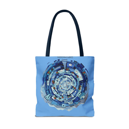 Blue Circular Cityscape Tote Bag — Abstract Urban Spiral All-Over Print Tote