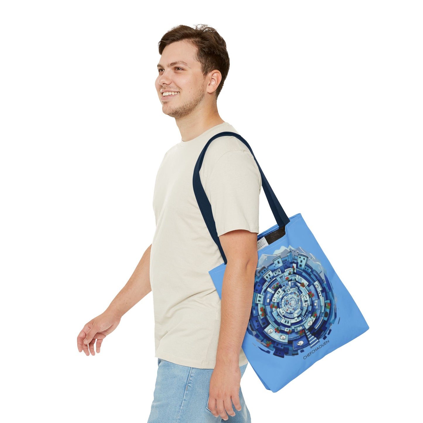 Blue Circular Cityscape Tote Bag — Abstract Urban Spiral All-Over Print Tote