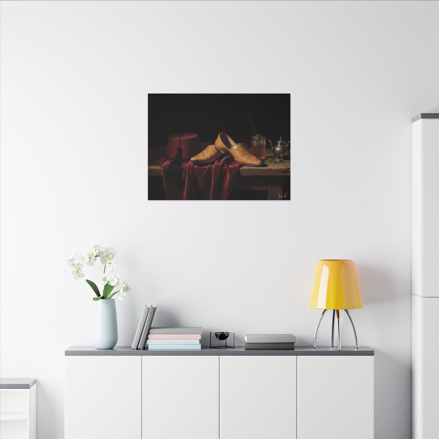 Nature morte sur toile — Chaussures en cuir et fez, décoration murale