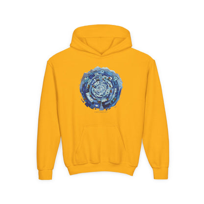 Youth Hoodie — Blue Geometric Mandala Graphic