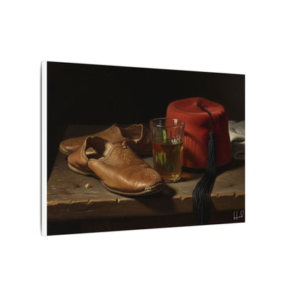 Still Life Canvas Print — Leather Shoes & Red Fez Wall Art