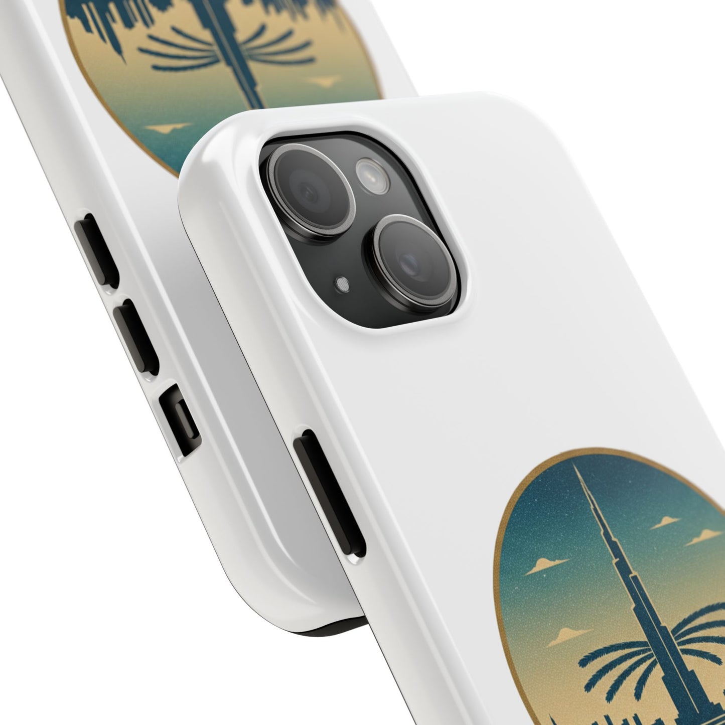 Coque de téléphone résistante motif skyline de Dubaï — Étui de voyage rétro palmiers du désert