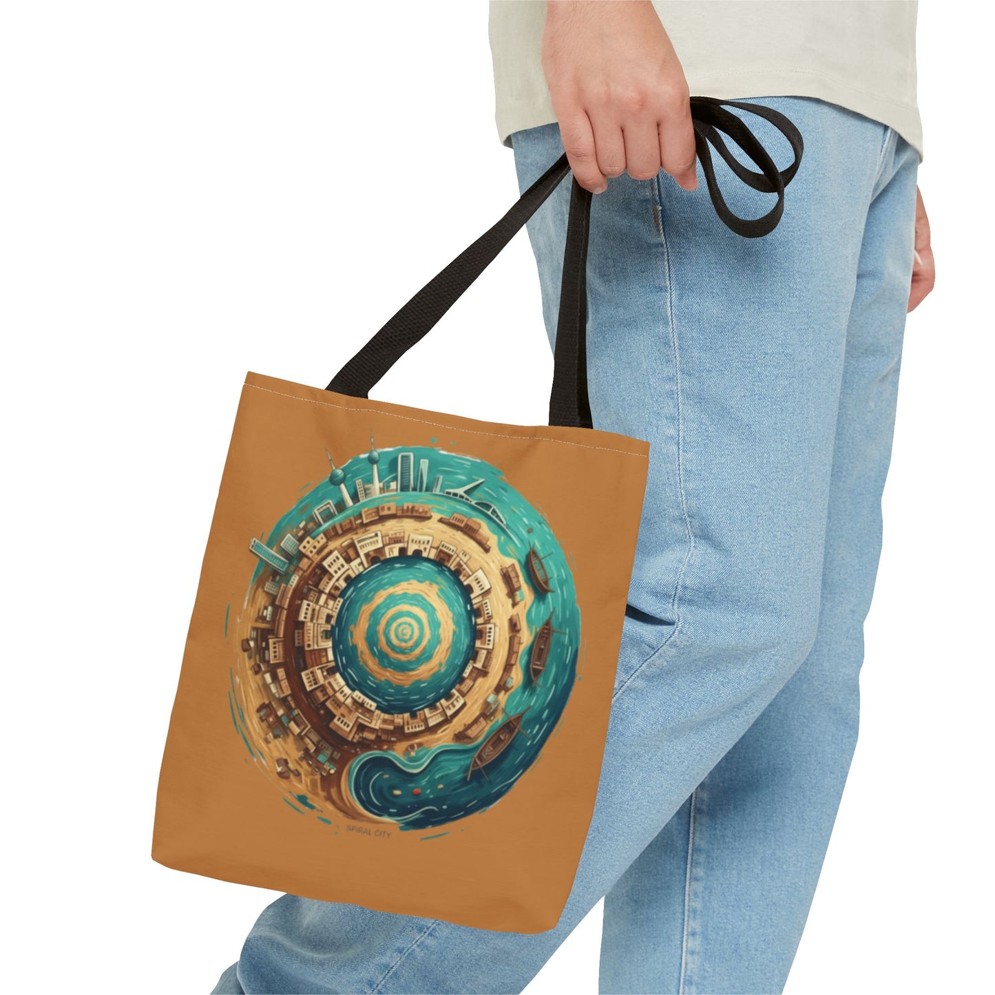 Round Cityscape Tote Bag — Abstract Turquoise & Gold Planet Design