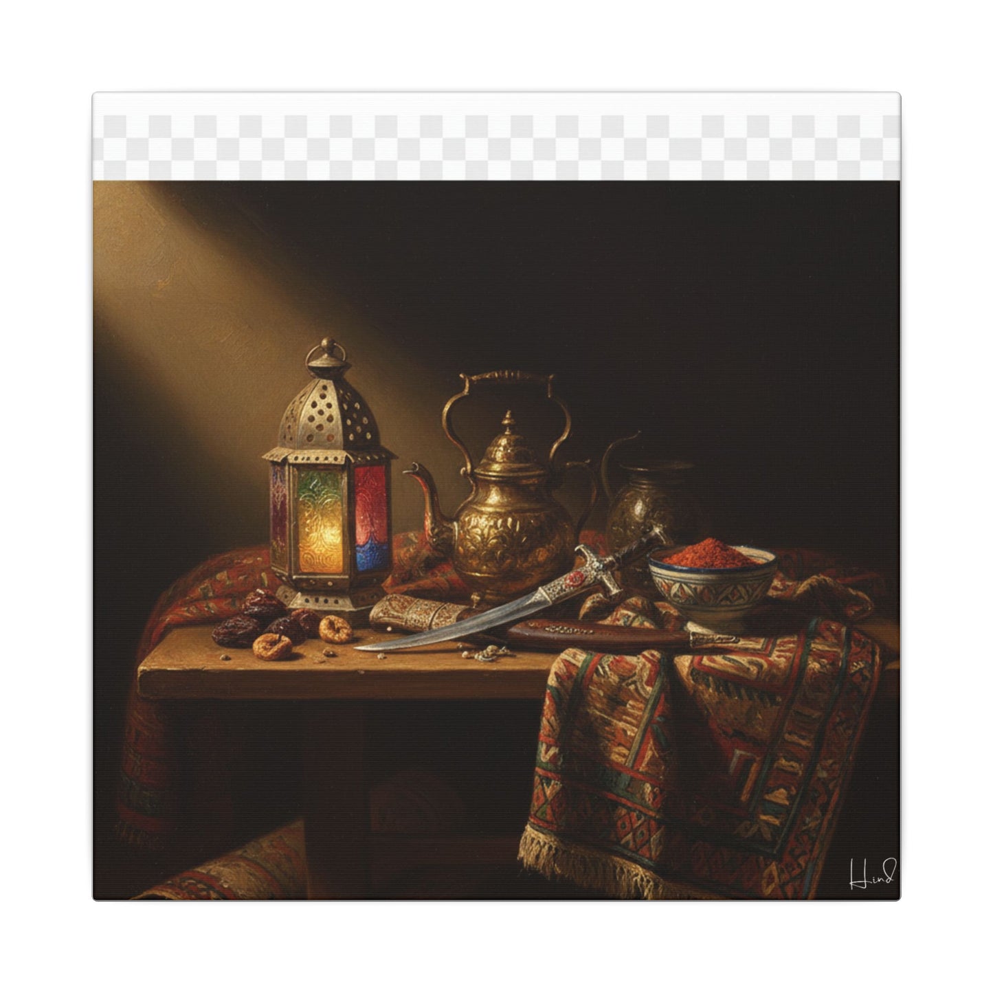 Oriental Still Life Canvas — Vintage Brass Teapot & Lantern Wall Art