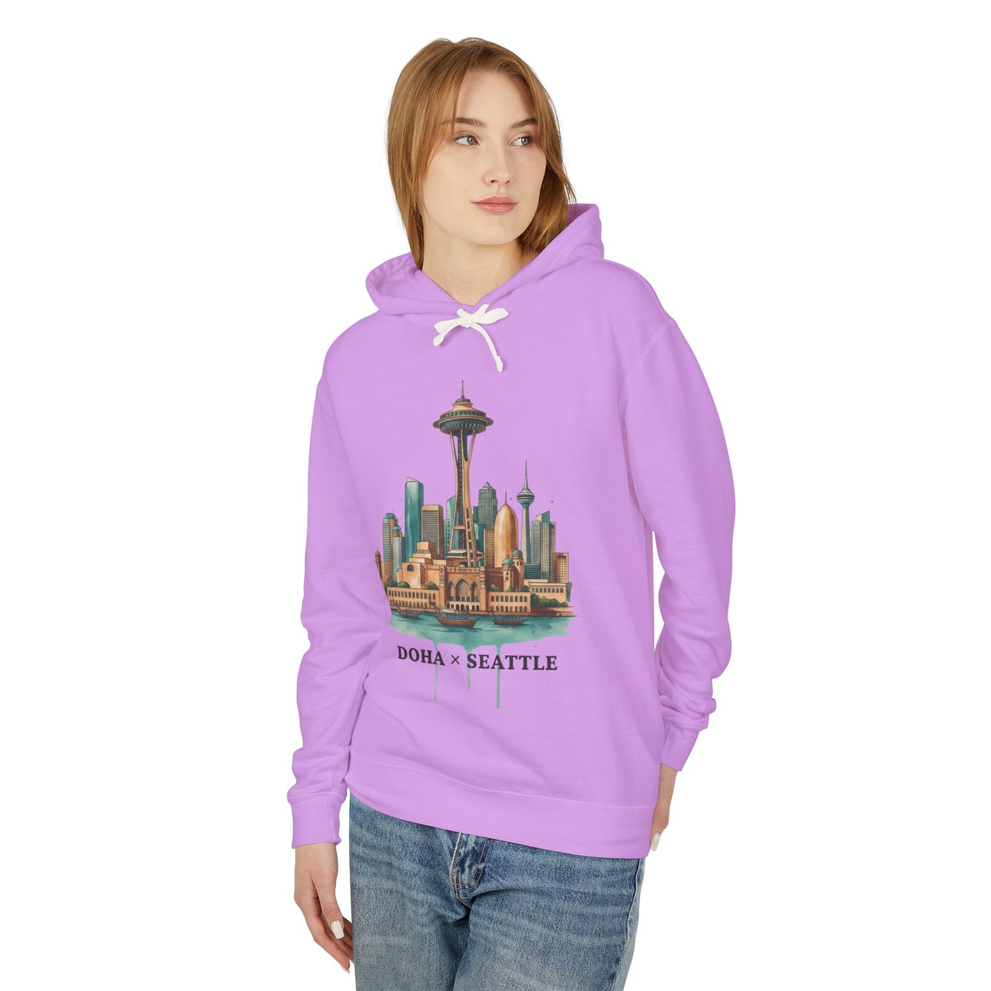 Doha x Seattle Skyline Hoodie — Retro Cityscape Pullover