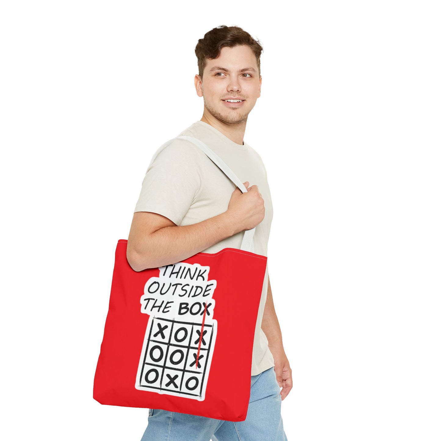 Think Outside the Box Tote Bag — Red Tic-Tac-Toe Motivational Canvas Tote
