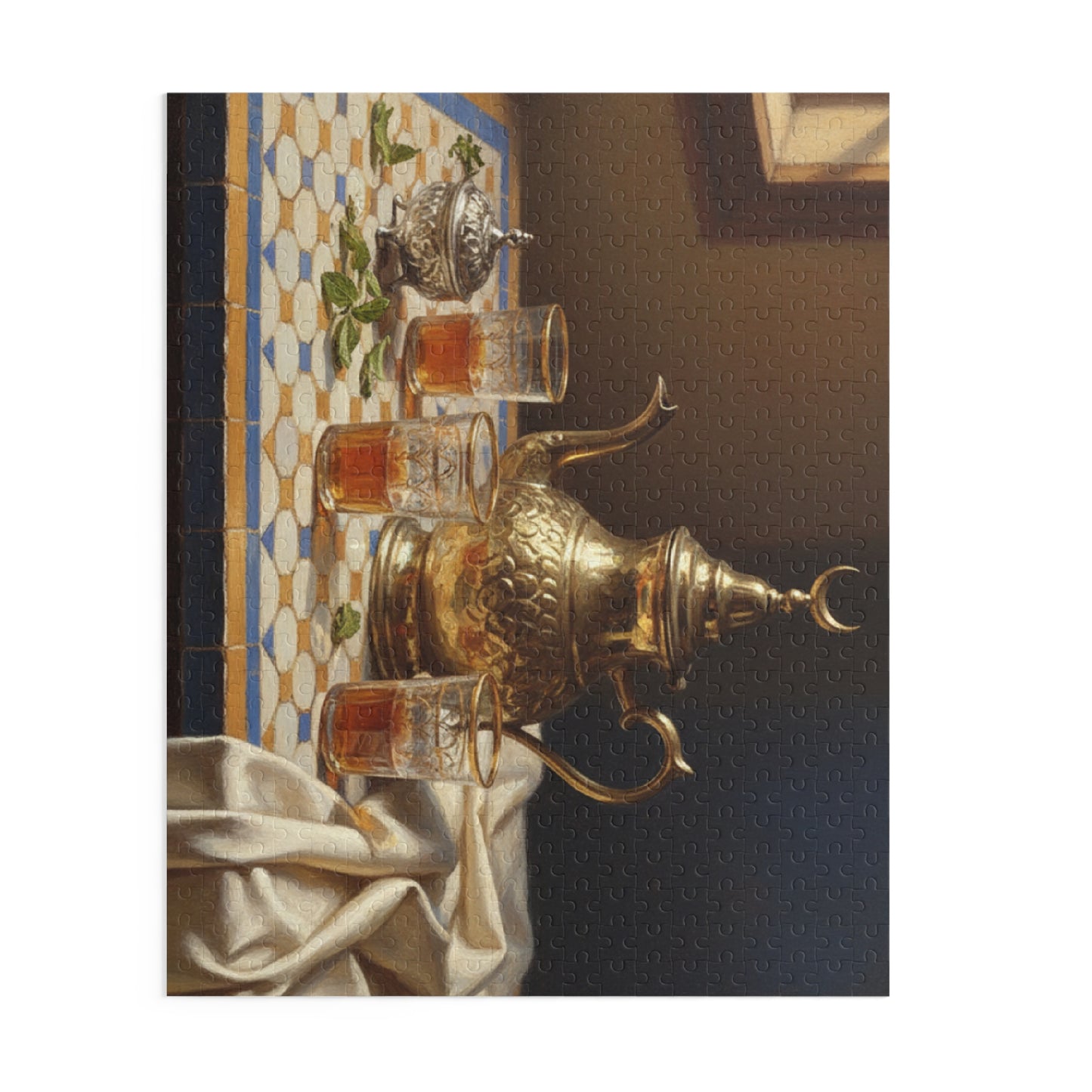 Moroccan Tea Set Jigsaw Puzzle — Vintage Brass Teapot & Glasses (120/252/500 pcs)
