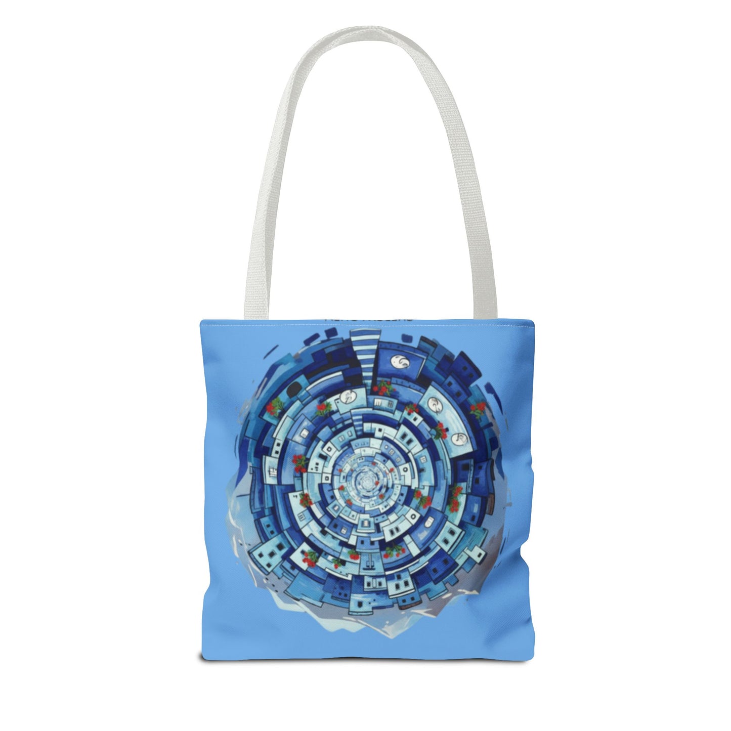 Blue Circular Cityscape Tote Bag — Abstract Urban Spiral All-Over Print Tote