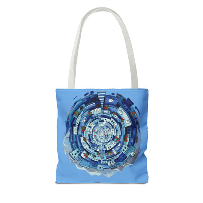 Blue Circular Cityscape Tote Bag — Abstract Urban Spiral All-Over Print Tote