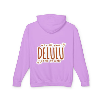 Delulu Hoodie — "may all your DELULU come trululu" Graphic Lightweight Hooded Sweatshirt