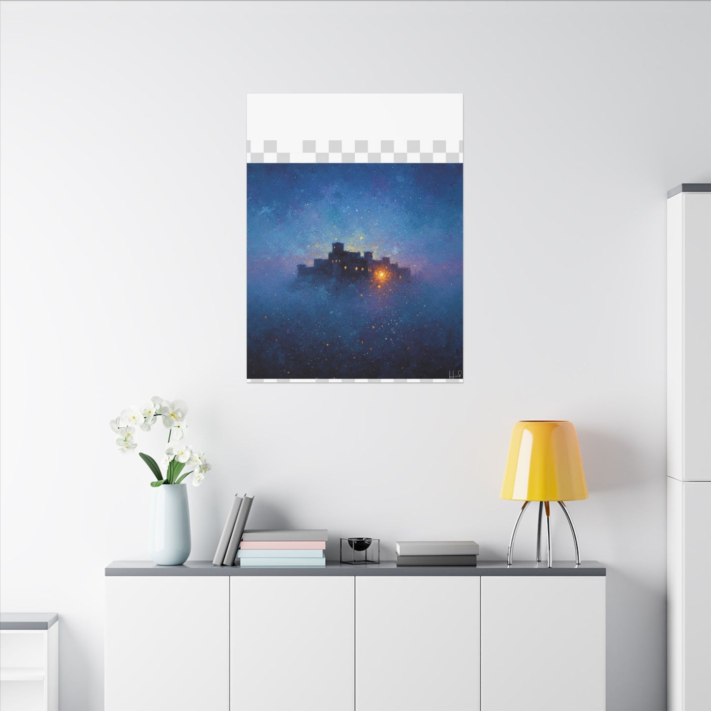 Tableau sur toile mate « Forteresse de la Nuit Étoilée » — Paysage mystique de château bleu