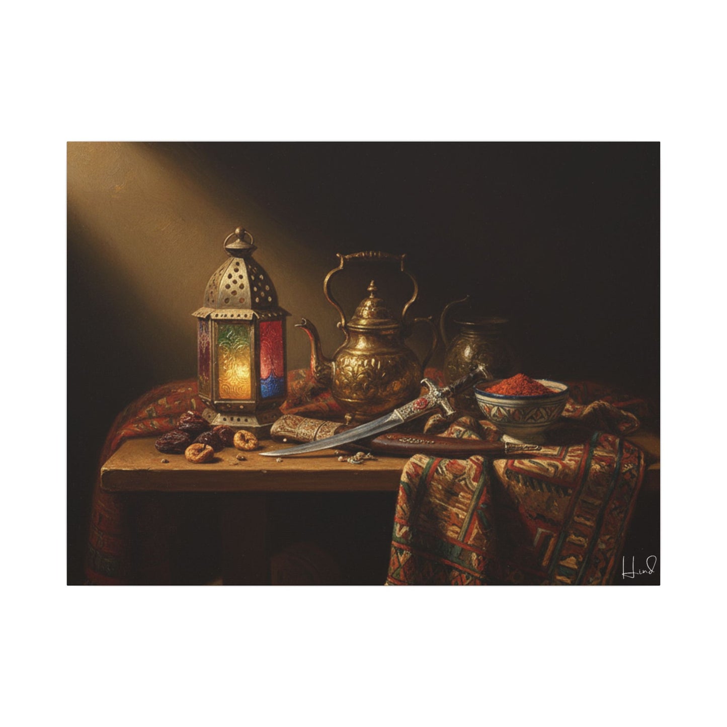 Oriental Still Life Canvas — Vintage Brass Teapot & Lantern Wall Art