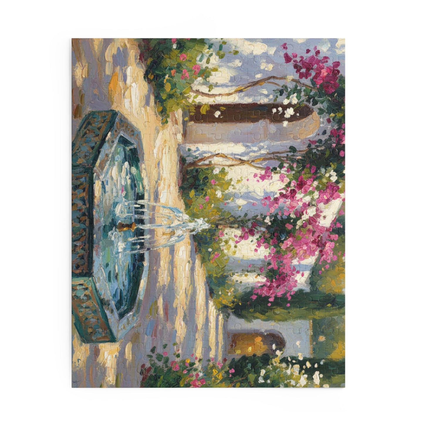 Mediterranean Courtyard Puzzle — Fountain & Bougainvillea 120/252/500-Piece Jigsaw