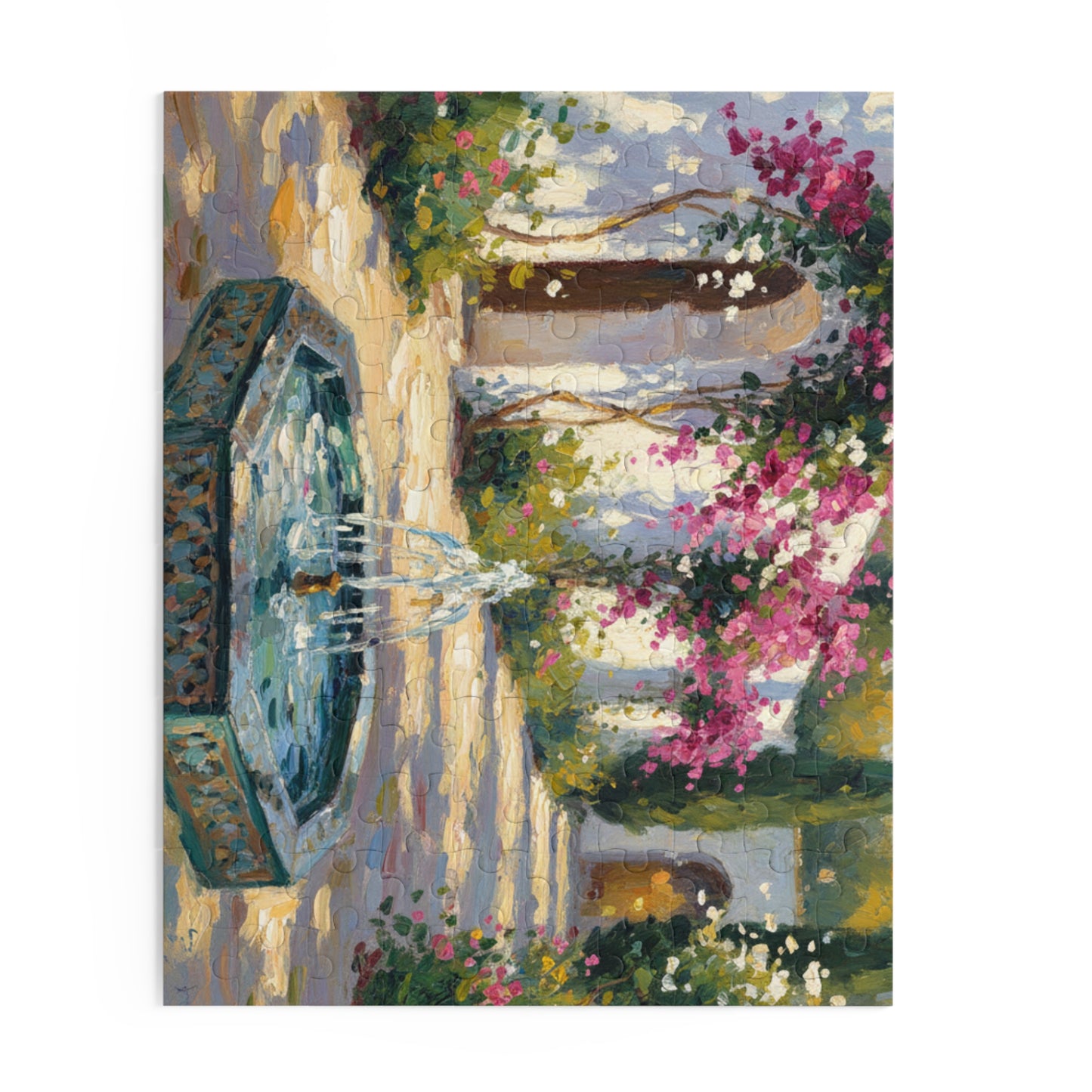Mediterranean Courtyard Puzzle — Fountain & Bougainvillea 120/252/500-Piece Jigsaw