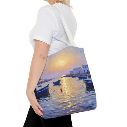 Sunset Harbor Tote Bag - Seaside Boats Art Print