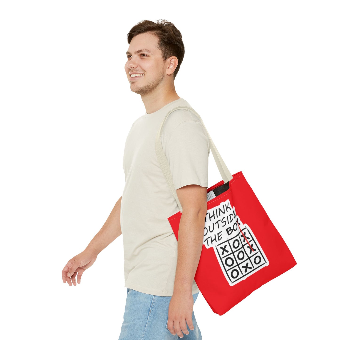 Think Outside the Box Tote Bag — Red Tic-Tac-Toe Motivational Canvas Tote