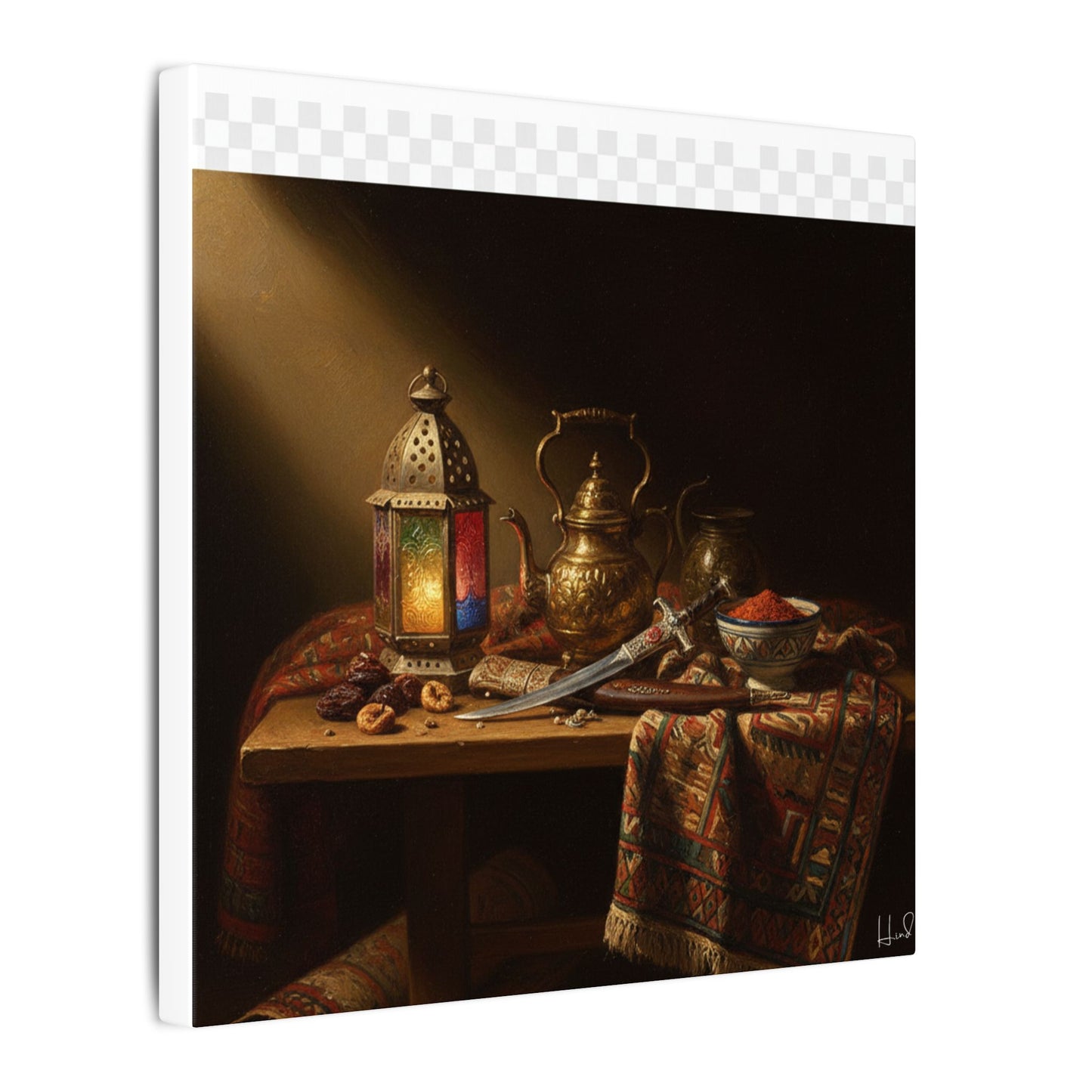 Oriental Still Life Canvas — Vintage Brass Teapot & Lantern Wall Art