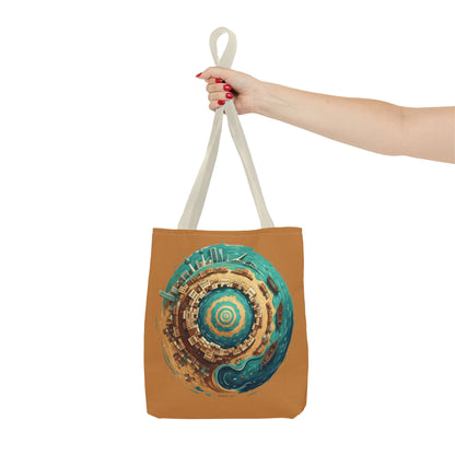 Round Cityscape Tote Bag — Abstract Turquoise & Gold Planet Design