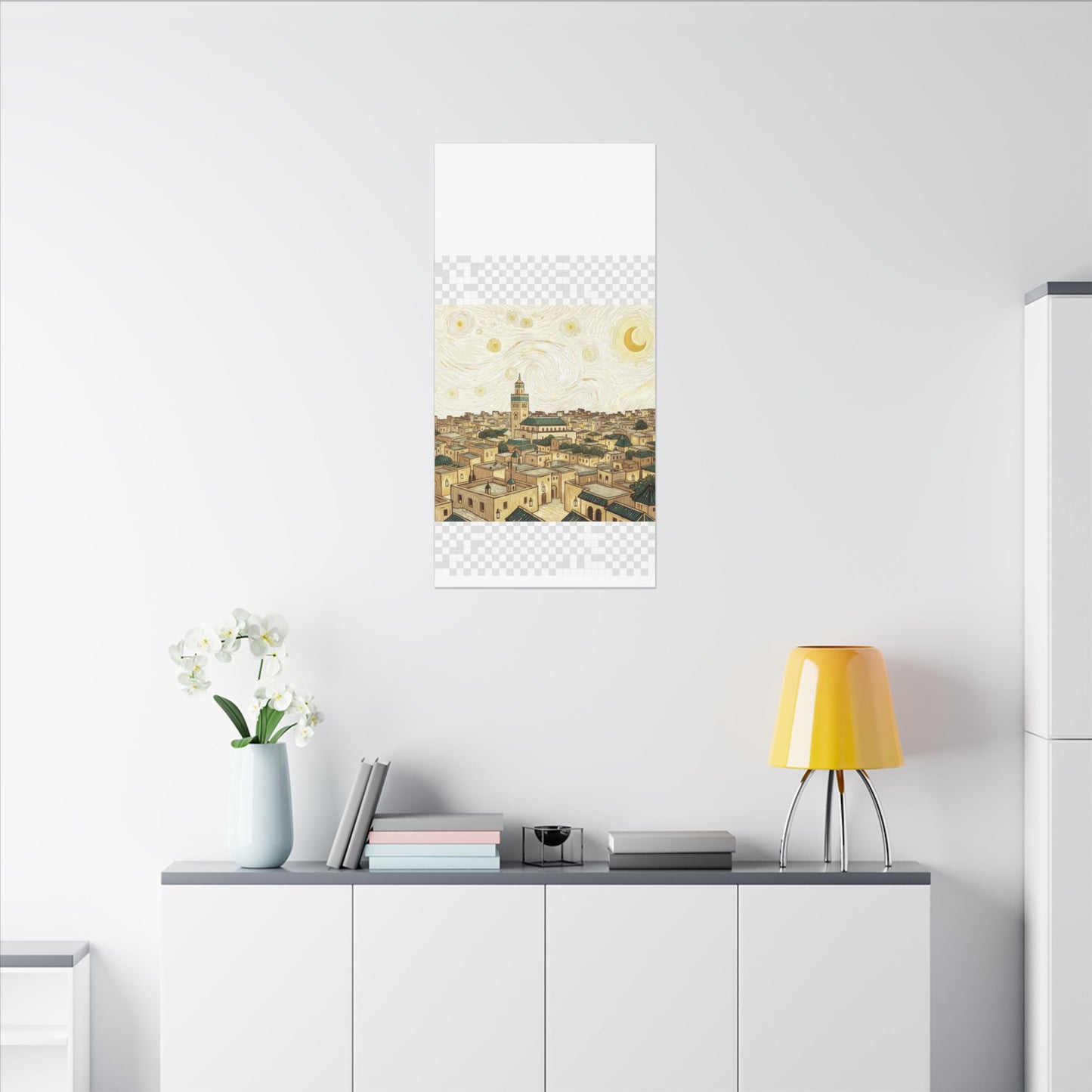 Moroccan Cityscape Canvas Print — Starry Night-Inspired Mosque Wall Art
