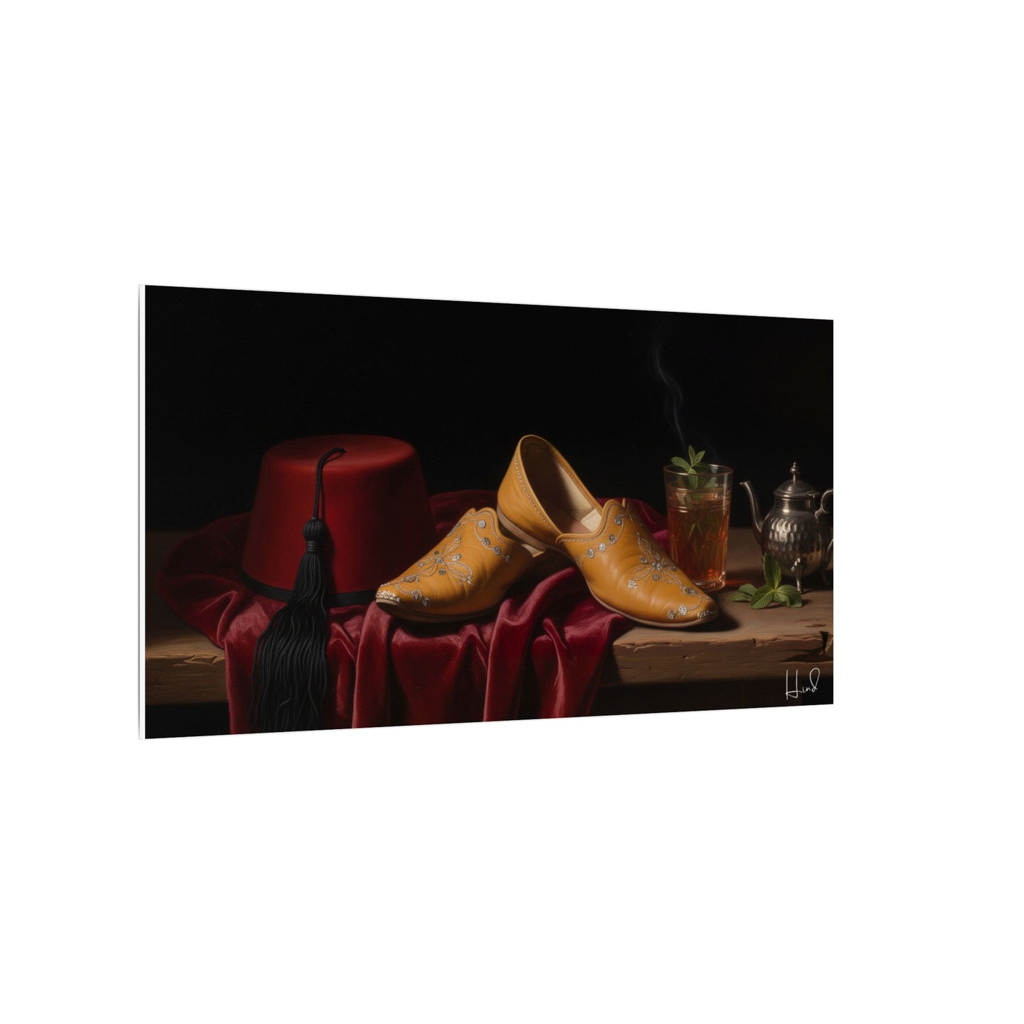 Nature morte sur toile — Chaussures en cuir et fez, décoration murale