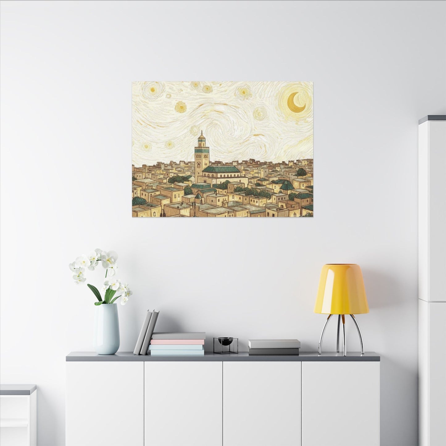Moroccan Cityscape Canvas Print — Starry Night-Inspired Mosque Wall Art