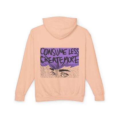 Hoodie — "Consume Less Create More" Art Print Lightweight Pullover